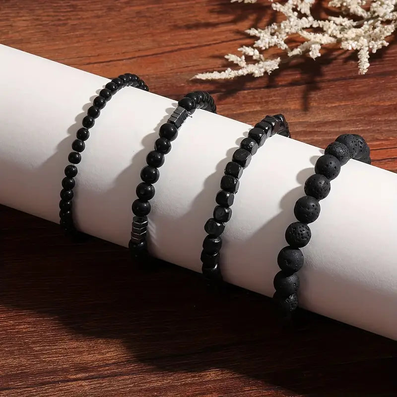 4 Pulseras Negras Unisex - Volcánica y Ojo de Tigre