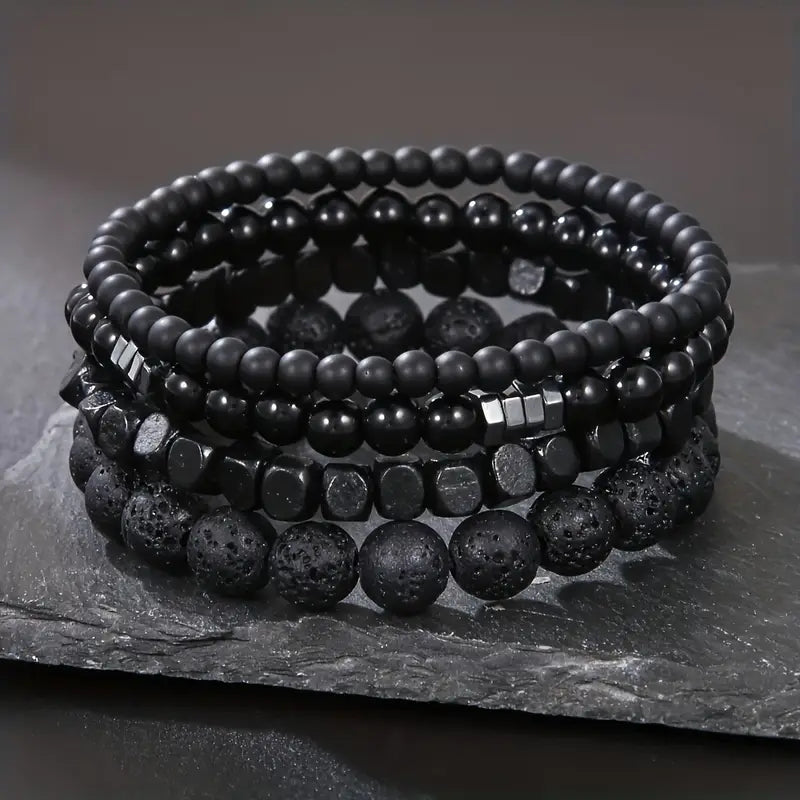 4 Pulseras Negras Unisex - Volcánica y Ojo de Tigre