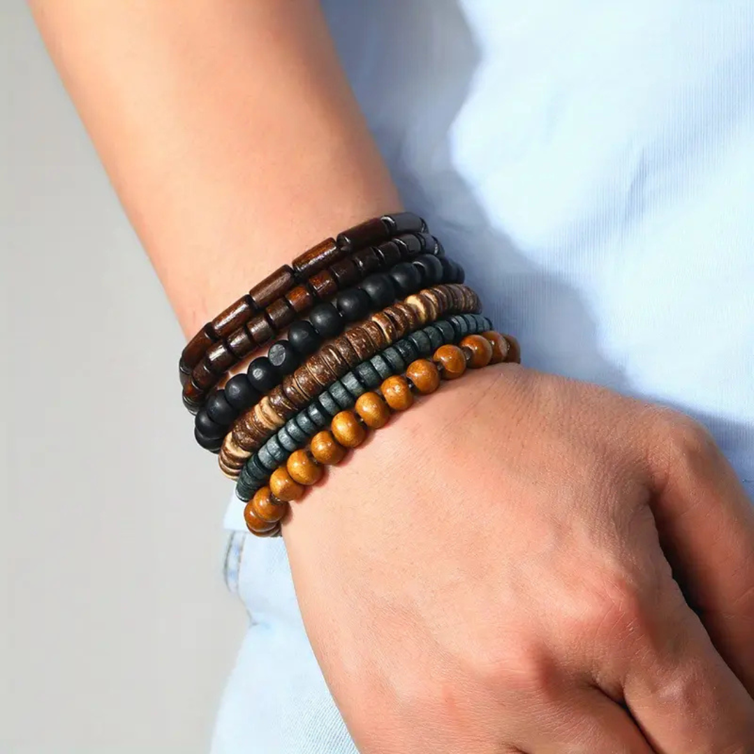 6 Pulseras Unisex - Madera Elastizadas