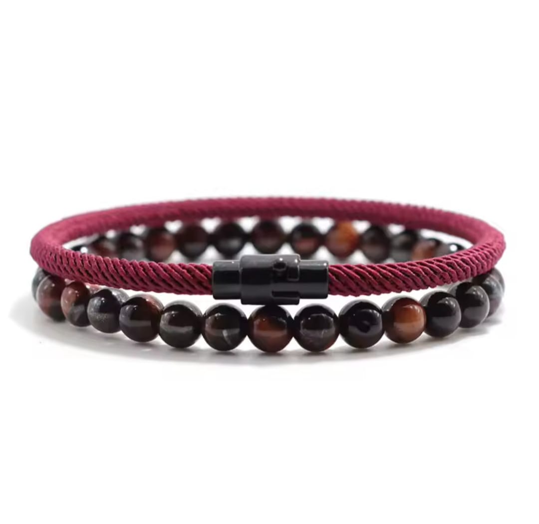 2 Pulseras Burdeo Unisex - Volcánica y Ojo de Tigre