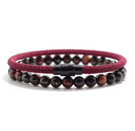 2 Pulseras Burdeo Unisex - Volcánica y Ojo de Tigre