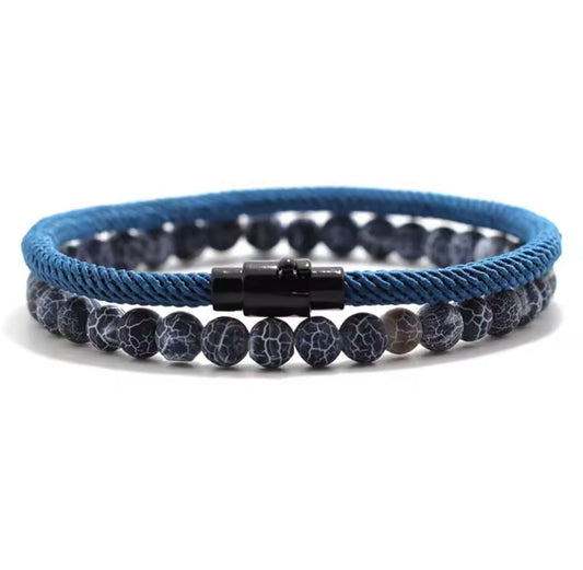 2 Pulseras Azul Unisex - Volcánica y Ojo de Tigre