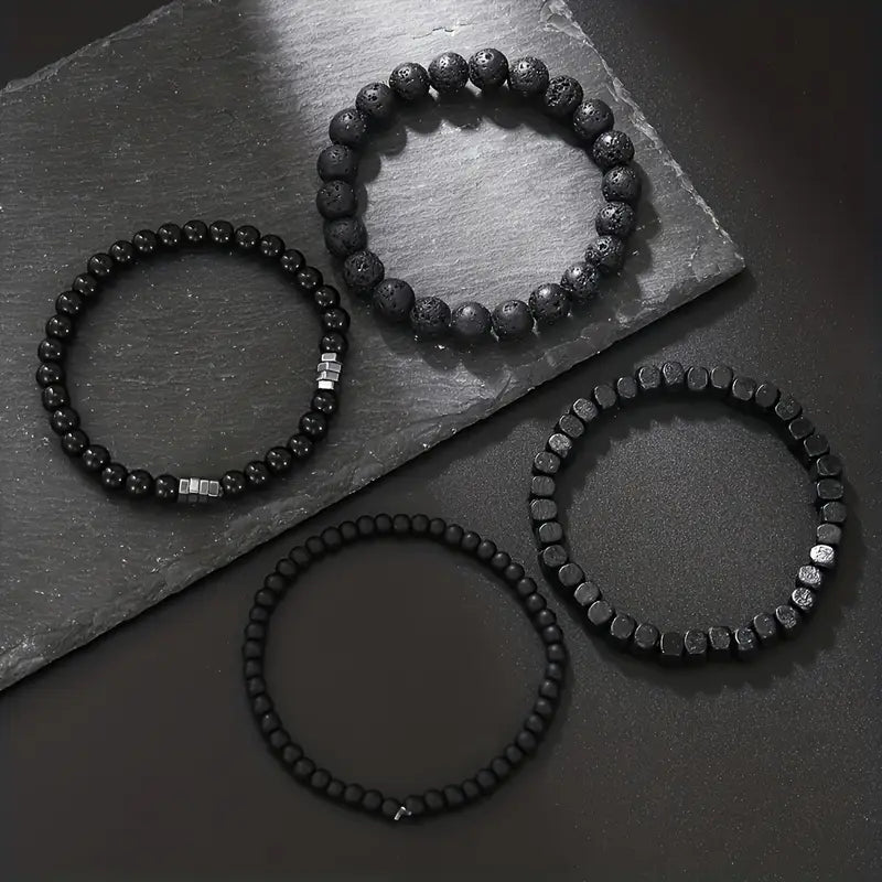 4 Pulseras Negras Unisex - Volcánica y Ojo de Tigre