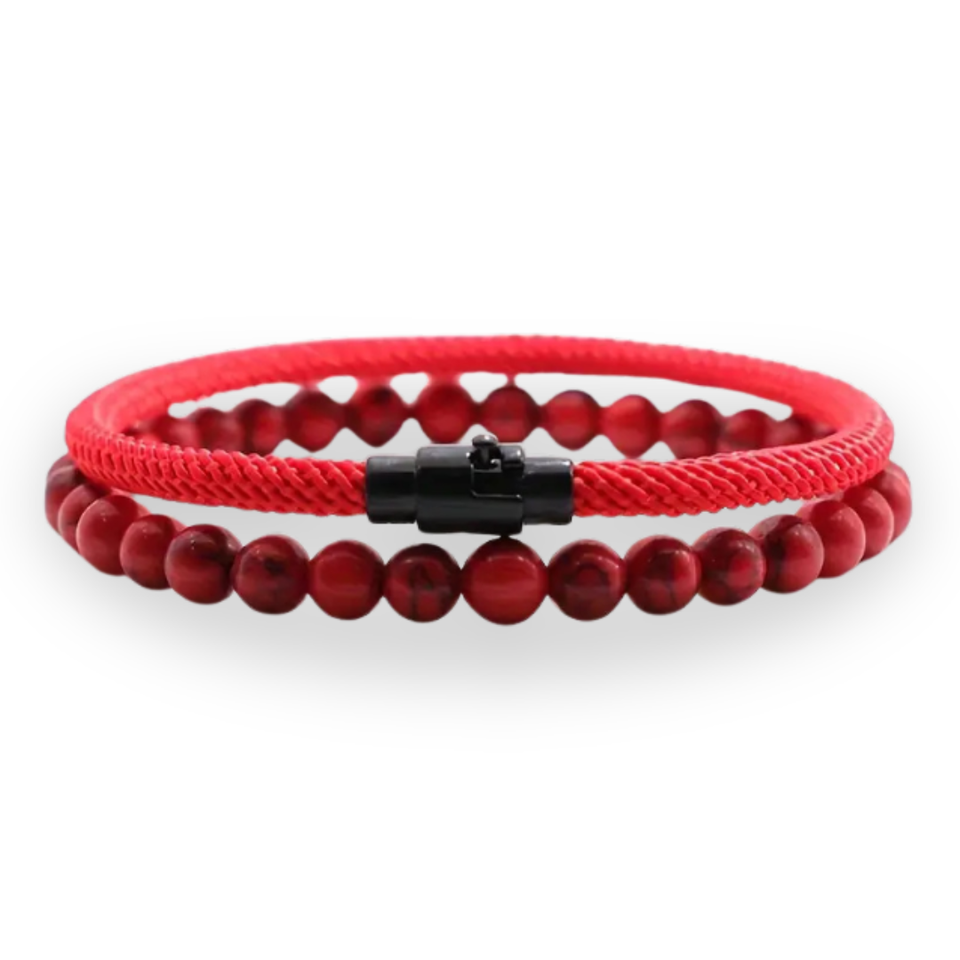 2 Pulseras Rojo Unisex - Volcánica y Ojo de Tigre