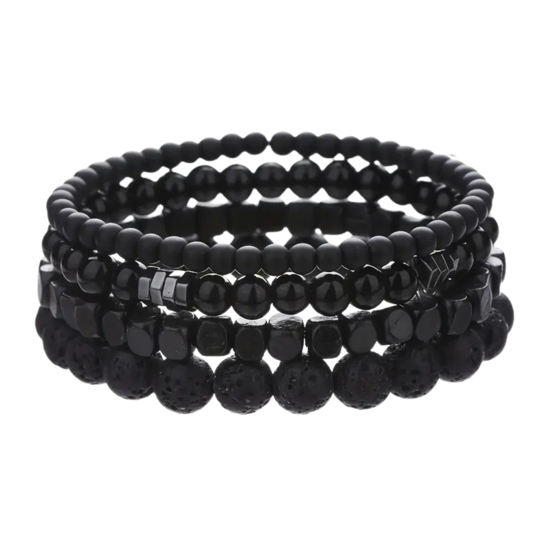 4 Pulseras Negras Unisex - Volcánica y Ojo de Tigre