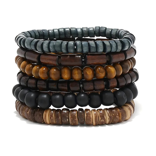 6 Pulseras Unisex - Madera Elastizadas